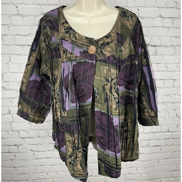 NWT Tantrums Green & Purple Rose Pleated Wood Buttoned 3/4 Sleeve Blouse Size 1X - Picture 1 of 14